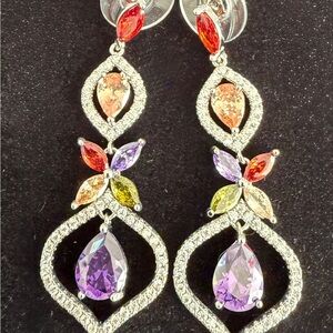 Elegant Purple and Orange Dangle Earrings with Intricate Metalwork